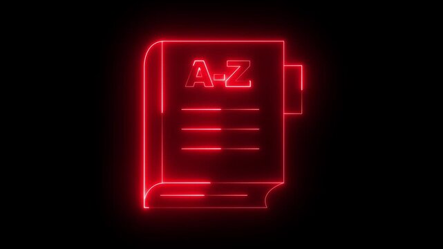 Glowing neon dictionary book icon isolated on black background. dictionary icon animation. Foreign language conversation icon. Translating concept. 4k video animation.