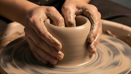 Close-up of hands shaping wet clay on a pottery wheel