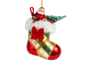 Festive stocking ornament with Santa, tree, and red bow