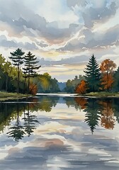 Fototapeta premium Autumnal Reflections - A Serene Lake Landscape at Dusk.