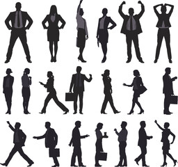 Fototapeta premium Business people silhouette collection featuring men and women walking, talking, gesturing, leadership poses, corporate teamwork, professional communication illustration set