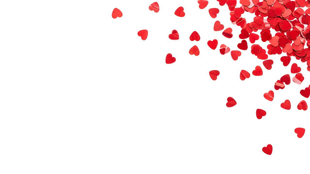 Red hearts falling from top right corner on white background