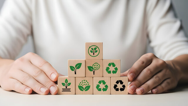 Eco friendly wooden blocks with recycling symbols - Powered by Adobe