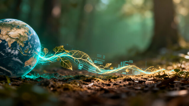 Earth Day banner with glowing digital plant growth connecting to the planet