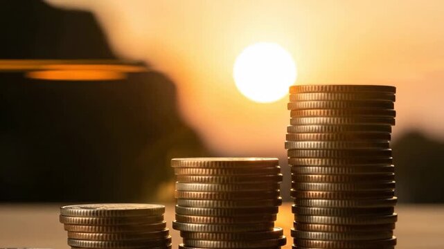 Stacks of coins in ascending order against a warm sunset backdrop.