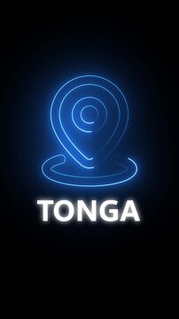 Neon blue location pin icon with text TONGA on black background tonga map marker