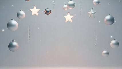 Suspended Christmas ornaments and stars on a white background, creating a minimalist festive scene.