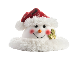Plush snowman hat with festive fabric, rosy cheeks, and smile