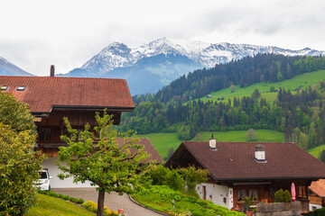 View of the scenic traditional mountain village in Bernese Oberland, Switzerland
