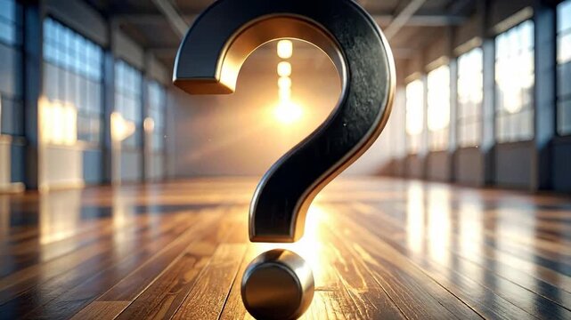 Large question mark on a polished wooden floor with bright light.