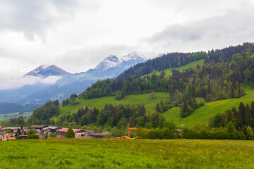 View of the scenic traditional mountain village in Bernese Oberland, Switzerland