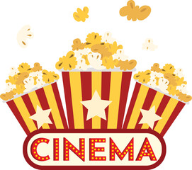 A vibrant vector illustration featuring three striped popcorn buckets decorated with stars, accompanied by a classic red and yellow "CINEMA" marquee sign. 