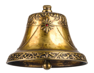Ornate brass bell with intricate carvings and red gem accent
