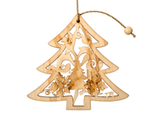 Delicate wooden Christmas tree cutout with intricate natural motifs