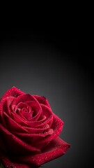 Vibrant Red Rose with Dew Drops on Dark Background.