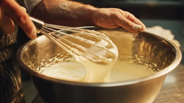Chef whisking batter in a stainless steel bowl creating a smooth, creamy texture for cooking or baking