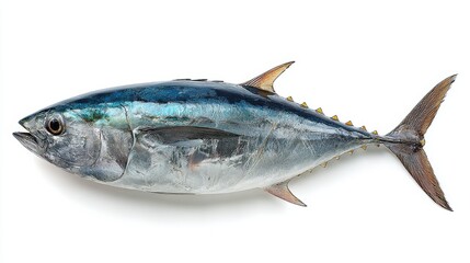 A bluefin tuna lies on a flat surface highlighting its size and colors. The fish is ready for sale in a market or food industry setting. This fish is important for culinary uses