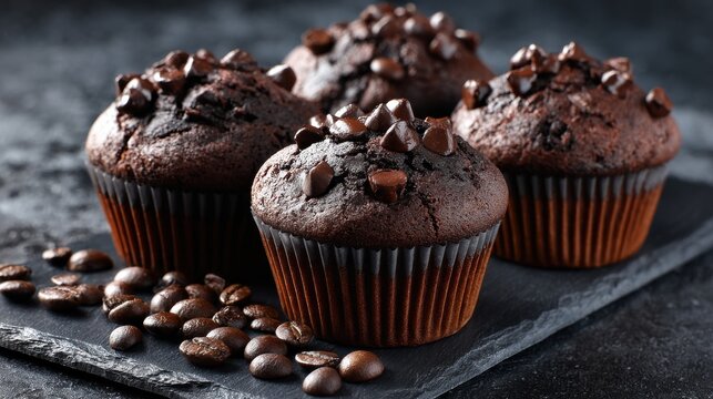 Chocolate muffins sit on a dark slate plate with coffee beans scattered around. The baked goods are fresh and ready for customers in the morning at a bakery - Powered by Adobe