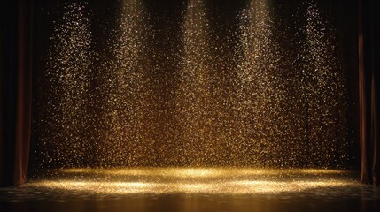 Bright light beams fall on a stage filled with golden particles. The scene shows a soft glow with dark curtains framing the area. This is a setup for a performance or event