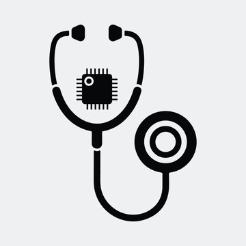 Silhouette medical stethoscope with microchip for digital diagnostics technology vector illustration