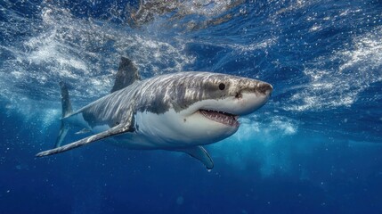 Fototapeta premium A great white shark is swimming in clear blue water during the daytime. The shark is visible under the sun as it moves close to the ocean surface in its natural habitat