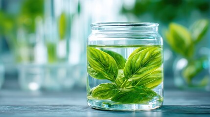 A glass jar holds fresh basil leaves submerged in water. The background shows other jars and green plants. Sunlight is present, creating a bright atmosphere