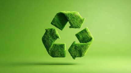 A symbol representing recycling is displayed. It is made from grass on a green background. The focus is on promoting eco-friendly practices and sustainability efforts