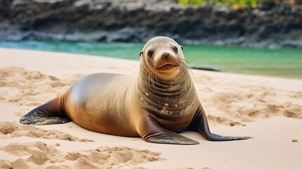 Fototapeta premium Playful sea lion resting on sunlit sandy beach by the calm blue water at shore