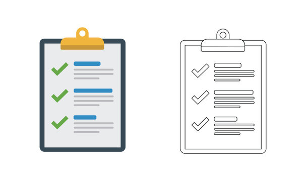 Clipboard Checklist Icon Set – Task List, To-Do List, Completed Checklist, Outline and Color Vector Illustration - Powered by Adobe