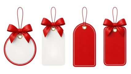 Collection of gift tags with red ribbon and bow