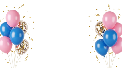 Celebratory balloons and confetti on white background