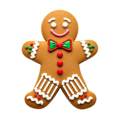 A gingerbread man decorated with icing and candy isolated on transparent background