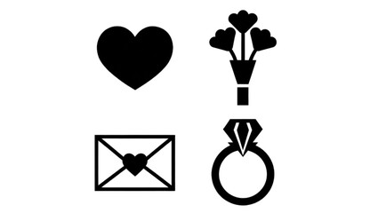 Minimalist Love and Romance Icon Set with Heart Flowers Envelope and Ring
