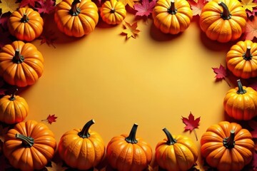 Intricate carved pumpkin border, autumn leaves , rustic, photo