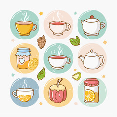 Cute icon set of winter tea elements in soft pastel hand-drawn style ideal for February cozy-themed content