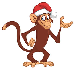 Cartoon funny brown monkey chimpanzee wearing Santa hat. Vector illustration for Christmas or New Year party