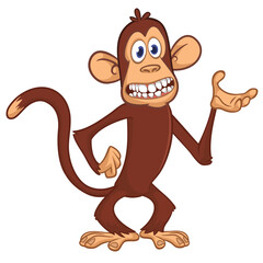 Cartoon funny brown monkey chimpanzee standing. Vector illustration isolated on white