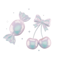 3D Iridescent Pastel Pink Candy and Cherry Bow Illustration Title 2: Glossy Holographic Y2K Aesthetic Candy & Cherry 3D Icon.