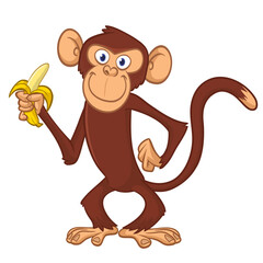 Cartoon funny monkey chimpanzee with banana in his hand. Vector illustration isolated on white