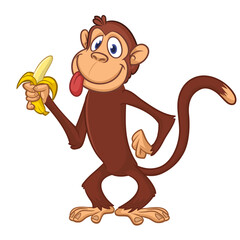 Cartoon funny monkey chimpanzee with banana in his hand. Vector illustration isolated on white