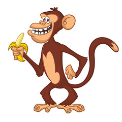 Cartoon funny monkey chimpanzee with banana in his hand. Vector illustration isolated on white