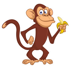 Cartoon funny monkey chimpanzee with banana in his hand. Vector illustration isolated on white