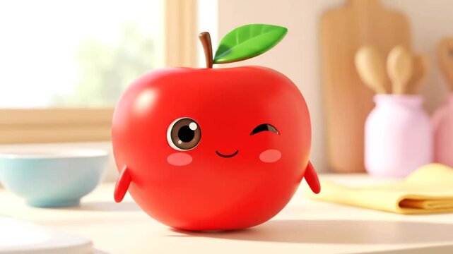 Cute animated red apple character with a happy face in kitchen.