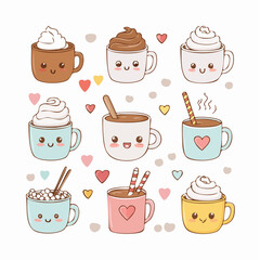 Cute pastel icon set featuring hot chocolate elements suitable for February warm beverage themes