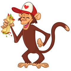 Cartoon funny monkey chimpanzee holding falafel or kebab in his hands. Vector illustration of happy monkey character design isolated.
