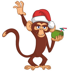 Cartoon funny brown monkey chimpanzee wearing Santa hat. Vector illustration for Christmas or New Year party