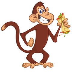 Cartoon funny monkey chimpanzee holding falafel or kebab in his hands. Vector illustration of happy monkey character design isolated.