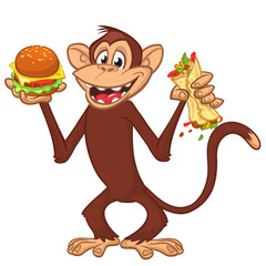 Cartoon funny monkey chimpanzee holding falafel or kebab and hamburger in his hands. Vector illustration of happy monkey character design isolated.