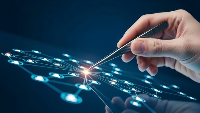 Hand touching glowing network connection points on a digital screen representing global communication and data exchange.