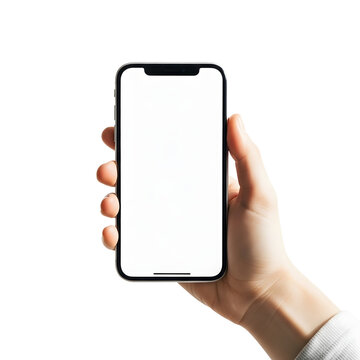 A hand holding a blank white iphone isolated on transparent background
